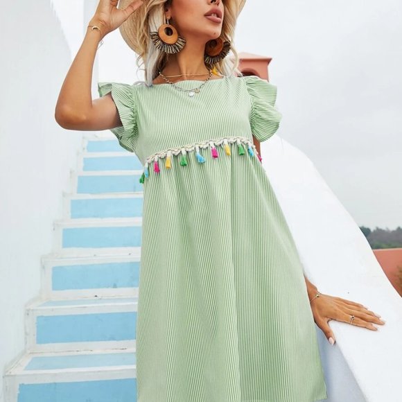 Striped Tie Back Fringe Smock Dress - Picture 5 of 6